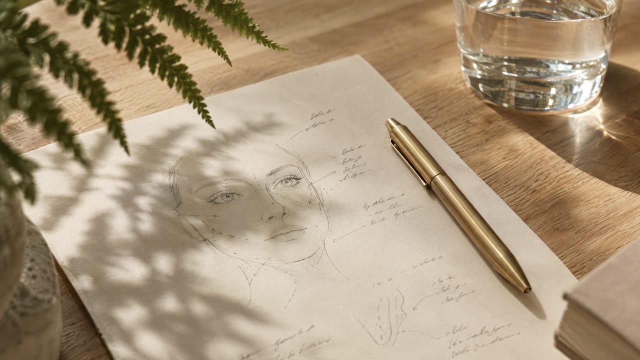 A printed treatment plan sheet with a faint face drawing, a brass pen and a fern shadow