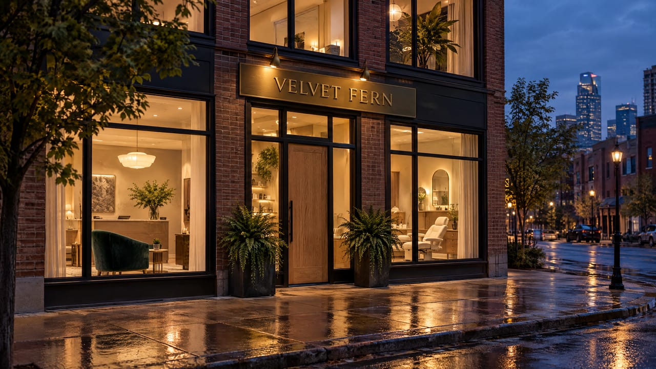 The Velvet Fern building at blue hour with warm light in the windows and a lit brass sign