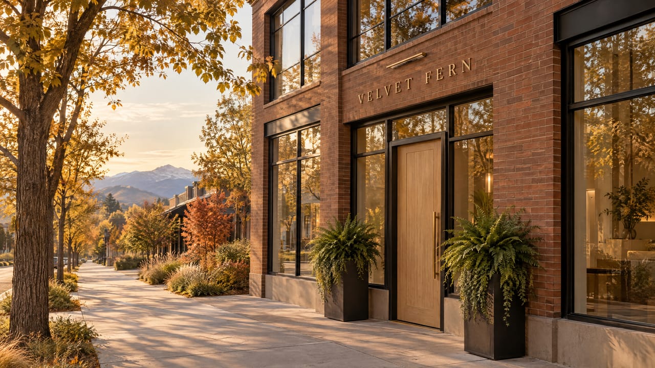 The Velvet Fern building in Cherry Creek North at golden hour, brick and black-framed glass with ferns at the door