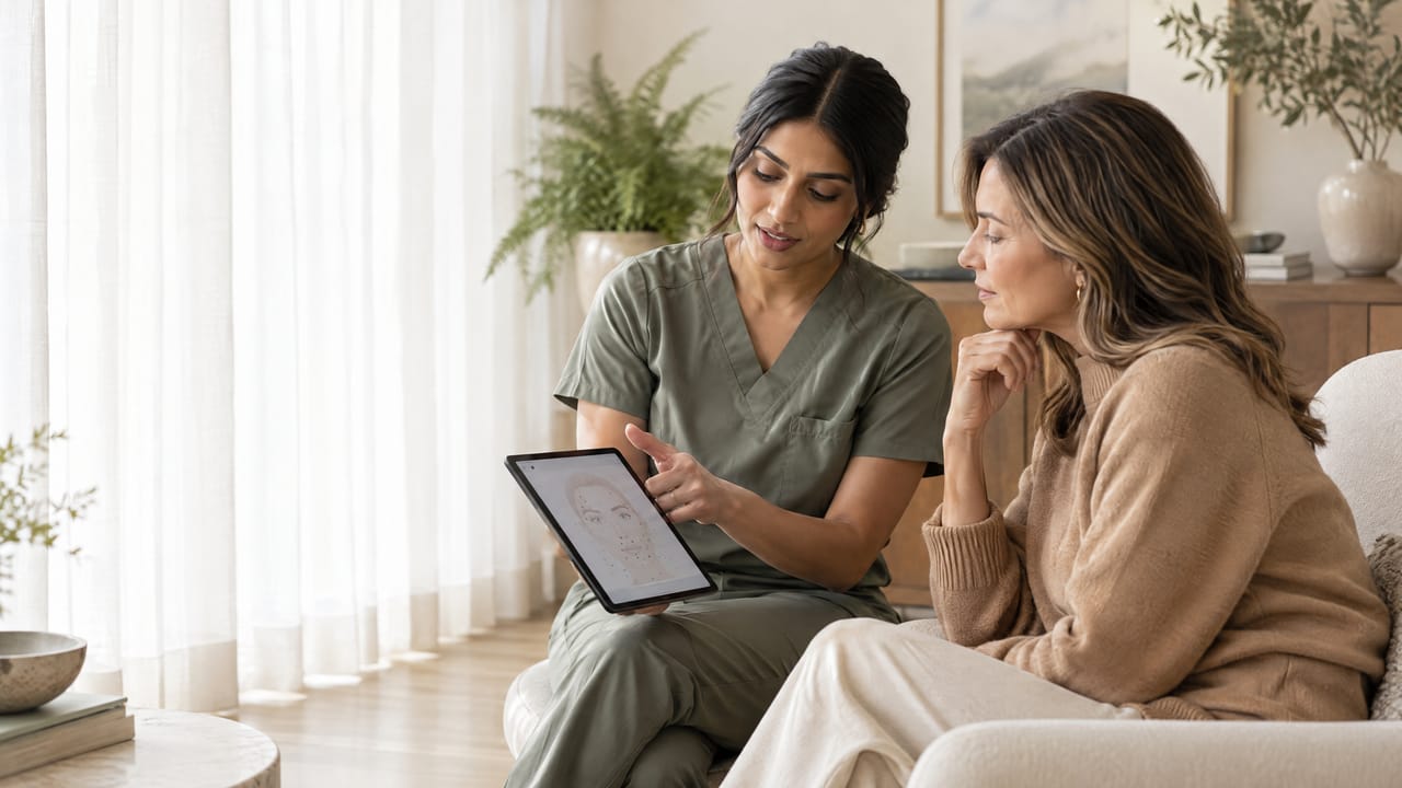 A nurse practitioner and a patient looking at a tablet with a face diagram in a daylit consultation room