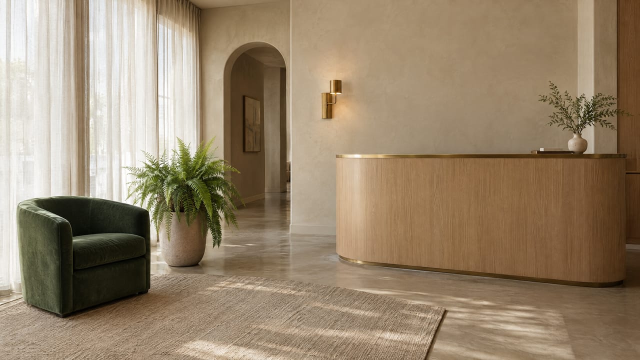Reception with a white oak desk, a green velvet armchair and a large fern