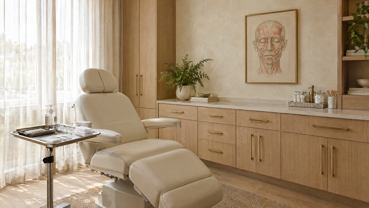 A treatment room with a cream chair, oak cabinetry and a framed face drawing